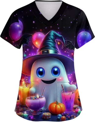 Vista 9 de Camisetas de uniforme médico de Navidad para mujer, talla grande, estampado ##896-Multicolor