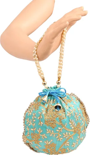 Vista 3 de Touchstone Bolsa tradicional india bordada a mano para regalos de compras, joyería de boda, perlas de imitación, cuerda con cordón para mujer.