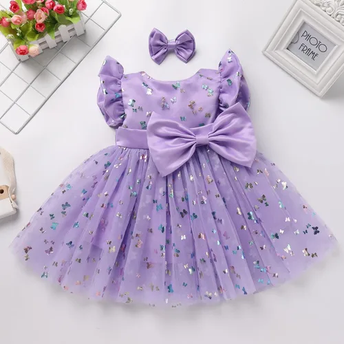 Vista 5 de IDOPIP Vestido tutú de mariposa con lentejuelas para bebé, niña de las flores, primera comunión, boda, fiesta de cumpleaños, vestido con lazo