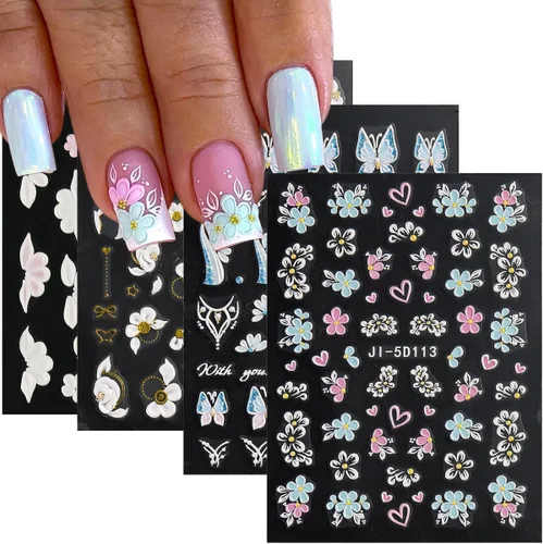 Vista 8 de Fcozpjk Calcomanías de uñas con lazo en relieve 5D, 5 hojas autoadhesivas de cintas rosas y blancas, arte de uñas para el día de San Valentín, dijes