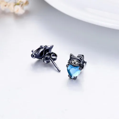 Vista 5 de Aretes de plata de ley 925 con diseño de gato, bonitos aretes de gato con diseño de gatito, joyería de regalo para mujeres y niñas, aretes