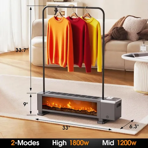 Vista 7 de Calentador eléctrico de zócalo de 1800 W con control remoto, calentador de espacio 3 en 1 con humidificador y rejilla de secado y llama 3D