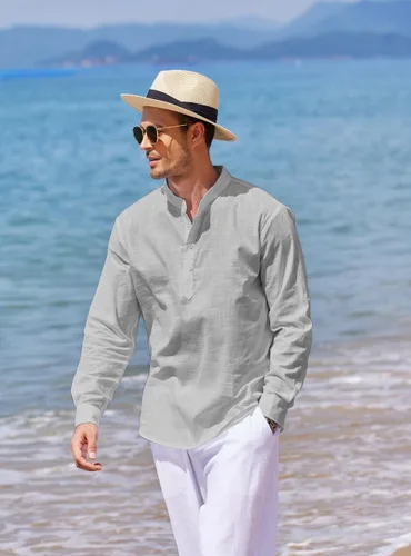 Vista 3 de COOFANDY Camiseta Henley de algodón y lino para hombre, de manga larga, estilo hippie, casual, playera