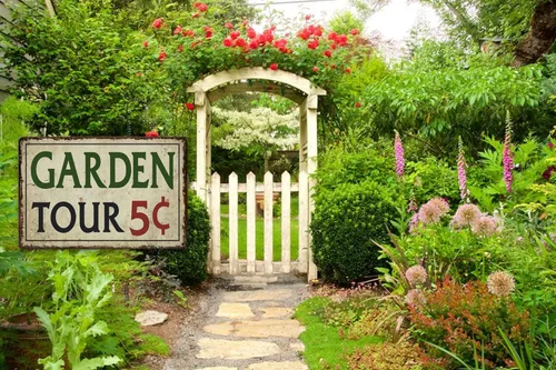 Vista 6 de Letrero de metal para jardinería al aire libre, Garden Tours 5 centavos, letrero de bienvenida retro de colibrí, letrero decorativo de flores
