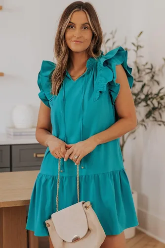 Vista 4 de Dokotoo Vestidos de verano para mujer 2025 con cuello en V con cordón y volantes, manga corta, bolsillos laterales, mini vestido de verano
