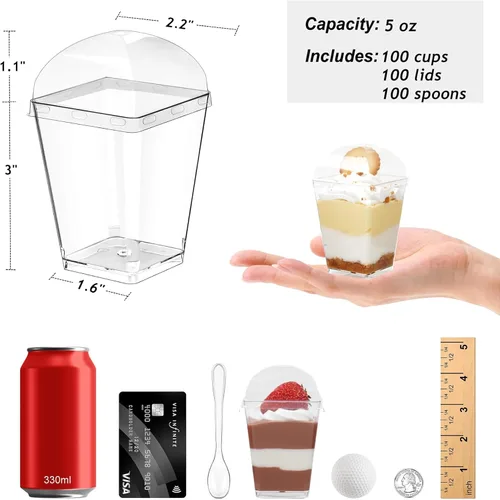 Vista 2 de Zezzxu Paquete de 100 Tazas de Postre de 5 oz con Tapas de Cúpula y Cucharas, Tazas de Pudín de Plástico con Tapas Mini Tazas de Parfait Shooter