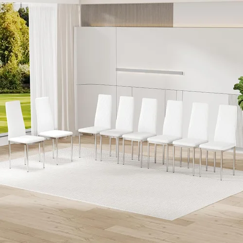Vista 10 de Juego de 8 sillas de comedor modernas, sillas de cocina tapizadas minimalistas con respaldo alto, sillas laterales sin brazos con patas de metal