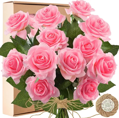 Vista 9 de FiveSeasonStuff 12 tallos de flores artificiales azul hielo, rosas de seda de tacto real para decoración de boda, en caja de regalo Azul helado
