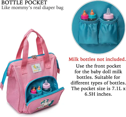 Vista 6 de HappyVk - Bolsa de pañales rosa para muñecas con cambiador de muñecas- Bolso para niñas - Unicornio Realistic, Spacious & Comfortably Designed for