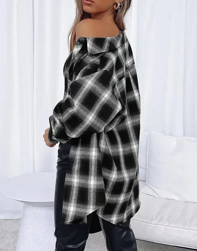 Vista 3 de Lacozy Blusa de lana cuadriculada, para mujer, con cuello, manga larga y botones