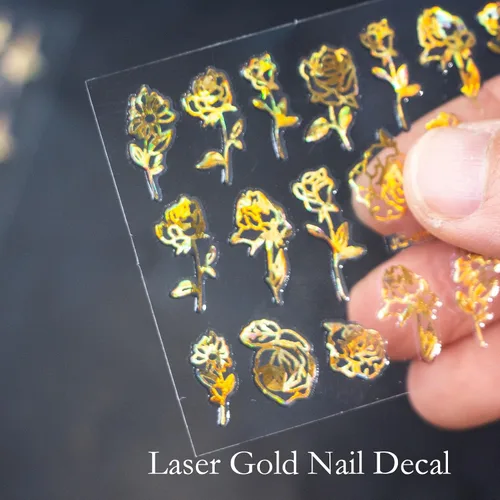 Vista 2 de 30 hojas de calcomanías de arte de uñas doradas, autoadhesivas 3D, calcomanías de diseño de uñas, gotas de agua, línea de flores, estrellas