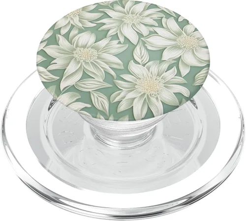 Vista 8 de Patrón de flores blancas Salvia Verde Floral PopSockets Standard PopGrip