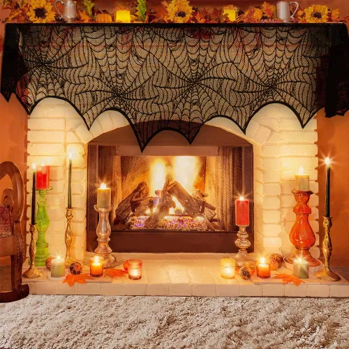Vista 7 de Decoración de chimenea de Halloween, suministros de fiesta festiva, tela de araña de encaje, cubierta de bufanda negra para chimenea, bufanda