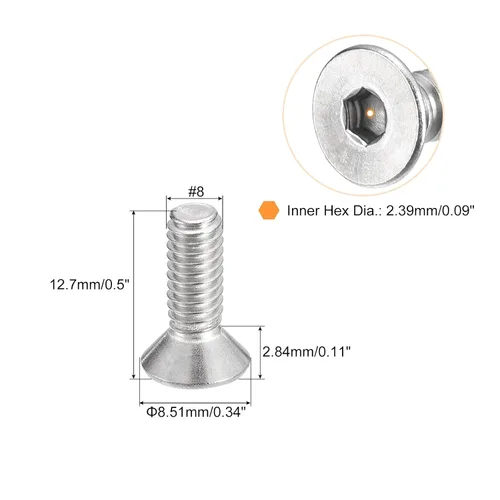 Vista 2 de uxcell tornillos de cabeza avellanada plana #8-32x1/2, 25 piezas de tornillos de cabeza plana con llave hexagonal de acero inoxidable 304, rosca