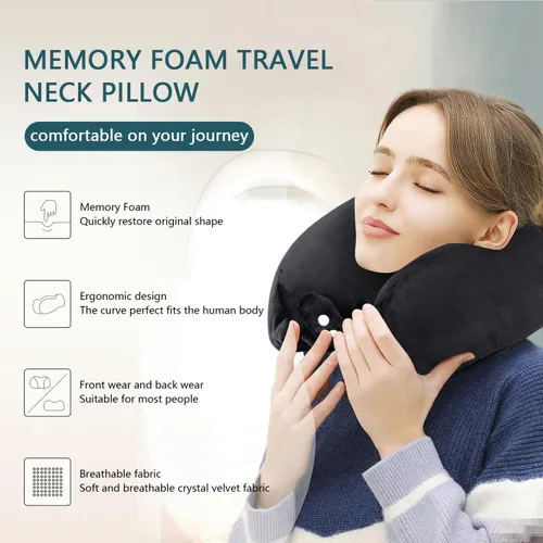 Vista 4 de Almohada de cuello de espuma viscoelástica para el cuello de avión con funda de terciopelo, almohada suave de avión para dormir, almohada de viaje