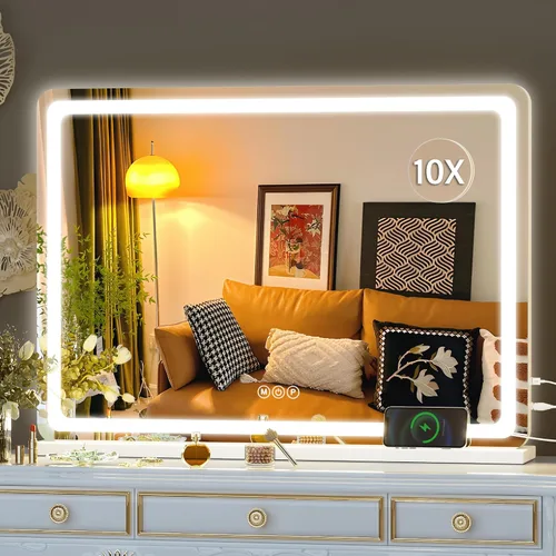 Vista 36 de Hasipu Espejo de tocador con luces, espejo LED de maquillaje de 31.5 x 22 pulgadas, espejo de maquillaje iluminado con 3 modos regulables, espejo