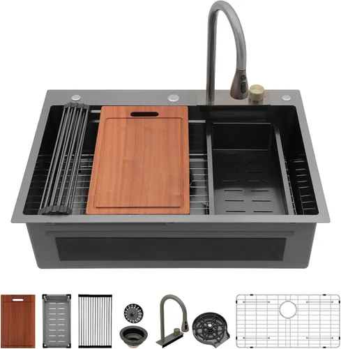 Vista 33 de Sarlai - Fregadero de cocina de cascada de 31 pulgadas, de montaje superior - 31x20 Fregadero de cocina con borde y estación de trabajo, de acero