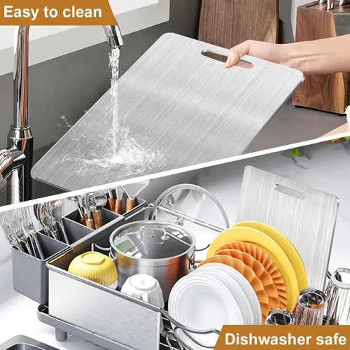 Vista 6 de Tabla de cortar de titanio, tablas de cortar de acero inoxidable para cocina, tabla de cortar no tóxica de grado alimenticio de doble cara, tablas
