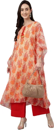 Vista 3 de Janasya Kurta de caftán con estampado floral de lúrex de gasa naranja india para mujer