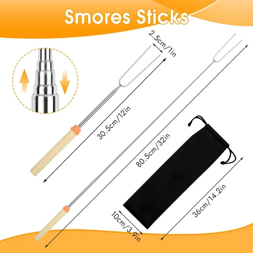 Vista 2 de 6 paquetes de pinchos para s'mores, 81 centímetros de pinchos para malvaviscos para fogata, pinchos extensibles para asar con bolsa, tenedor