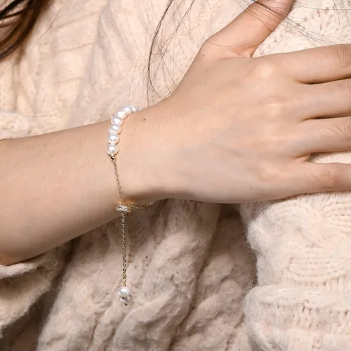 Vista 9 de Cowlyn Bossimi - Pulsera de perlas, eslabones de cultura barroca, chapado en oro de 14 quilates, ajustable, a la moda, dije de San Valentín, joyería