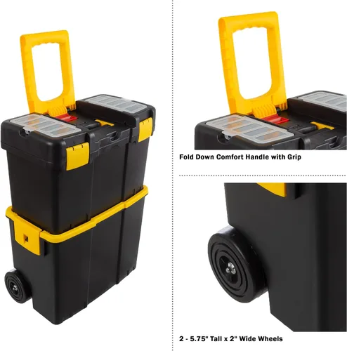 Vista 4 de Caja de herramientas portátil con ruedas - Caja de herramientas 2-en-1 apilable con asas plegables cómodas, cierres resistentes y bandejas