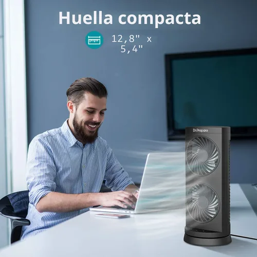 Vista 2 de Dr. Prepare Ventilador oscilante de torre, ventilador de escritorio portátil con opciones de 3 velocidades, circulación de aire dual, oscilación