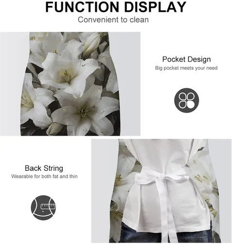 Vista 6 de Personalized White Lily Bouquet Adult Apron, Kitchen Cooking Aprons for Woman Man, Adjustable Bib Apron with Pocket for Baking, BBQ Crafting