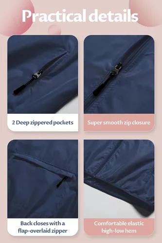 Vista 7 de CREATMO US Chaqueta impermeable para mujer, para correr, reflectante, rompevientos con capucha desmontable