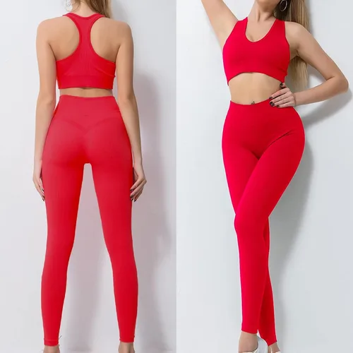 Vista 5 de DADAB Conjuntos de entrenamiento de dos piezas para mujer, ropa de gimnasio, yoga, sin costuras, espalda cruzada, brasier deportivo con pantalones