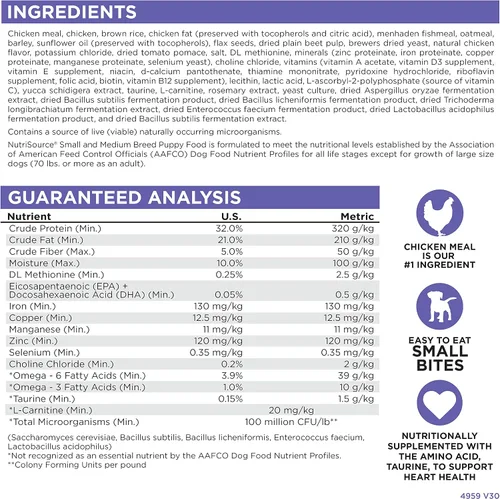 Vista 7 de NutriSource Alimento para Cachorros, Hecho con Harina de Pollo y Arroz, Raza Pequeña, con Granos Integrales, 30 LB, Comida Seca para Perros