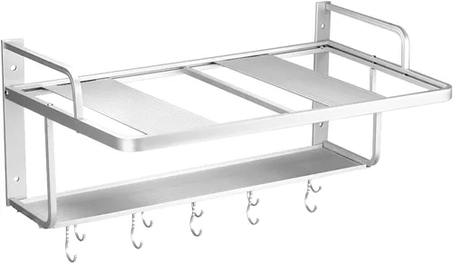 Vista 4 de QWORK Estante para horno de microondas, soportes para horno eléctrico de montaje en pared, aluminio de doble capa para microondas y especias, 2