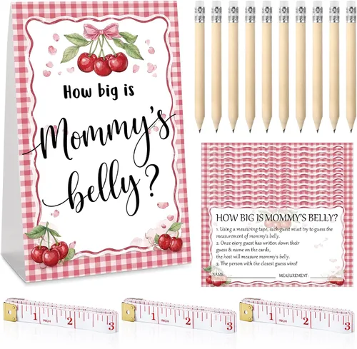 Vista 81 de Sabary 64 Piezas Juegos de Baby Shower Incluyen Letrero How Big is Mommy's Belly Sign Measure Bump Game 50 Tarjetas 10 Lápices 3 Cintas Métricas