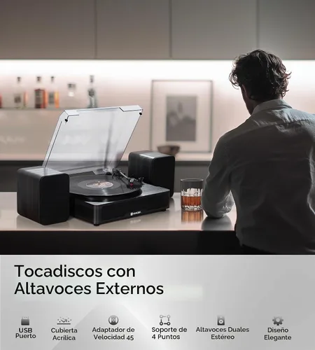 Vista 2 de VANGOA Tocadiscos de vinilo, tocadiscos de 3 velocidades con receptor Bluetooth, altavoces estéreo integrados, color negro
