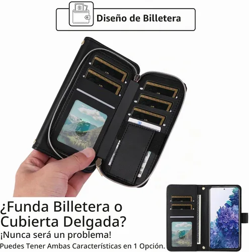 Vista 5 de Funda de Cartera para Samsung Galaxy S20 FE 5G de 6.5 Pulgadas con Correa para Muñeca, Billetera con Cremallera y más de 9 Ranuras para Tarjetas