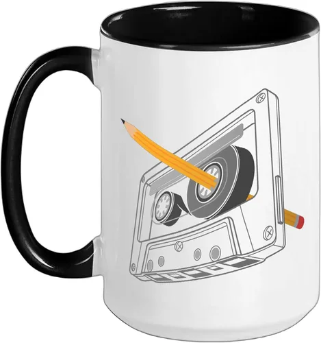 Vista 13 de Vintage Rewind Funny 80s 90s Cassette Pencil Gift Men Women Ceramic Mug, Black/White