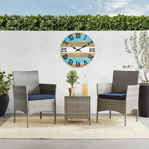 Vista 3 de Reloj de pared de madera maciza azul para sala de estar, estilo granja, reloj de pared redondo de 12 pulgadas, funciona con pilas, silencioso Wall