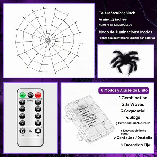 Vista 5 de LCHUANG Decoraciones de Halloween con luces de telaraña – 2 piezas de telaraña iluminadas, 4 pies de diámetro, 70 LED con araña negra, impermeable 2