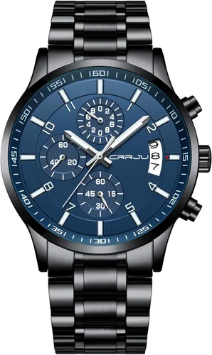 Vista 28 de CRRJU - Relojes de moda para hombre de acero inoxidable, cronógrafo, impermeables con fecha, de pulsera, correa de acero inoxidable, resistente al