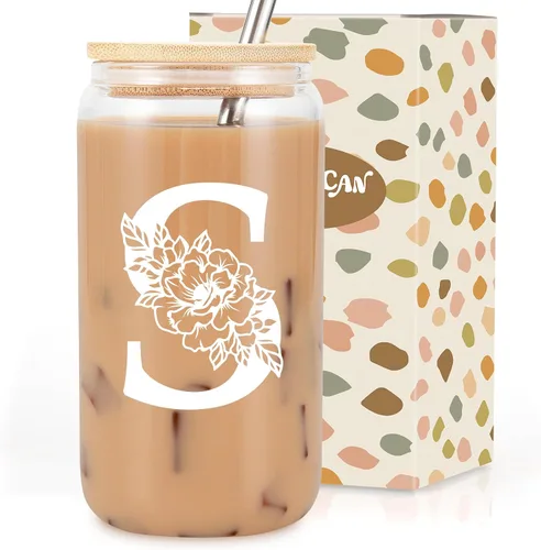 Vista 23 de Taza de Vidrio Inicial Coolife, Regalos Personalizados para Mujeres, Tazas de Vidrio de 16 oz con Tapas y Popotes, Taza para Café Helado, Licuado