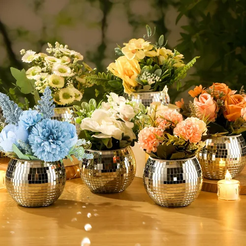 Vista 4 de 6 piezas de jarrón de bola de discoteca para centros de mesa, decoración de bola de discoteca, florero con espejo plateado para bodas, cumpleaños