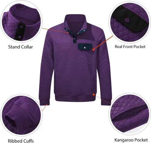 Vista 3 de JMIERR Sudadera acolchada para hombre, casual, de manga larga, cuello alto, con botones