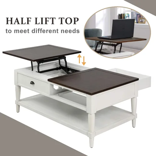 Vista 4 de RUNNA Mesa de centro elevable, mesa de centro elevable con 1 cajón de almacenamiento y estante, sofá de madera ajustable para té, mesa de centro