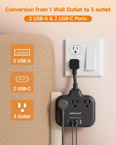 Vista 2 de Divisor de enchufes múltiples, tira de alimentación de cable ultracorto de 0.2 pies de 1625 W, 3 tomacorrientes, 4 USB (2 USB-C), extensor