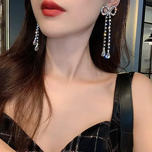 Vista 5 de Pendientes de diamantes de imitación hipoalergénicos para mujer, aretes colgantes de lazo de cristal de moda