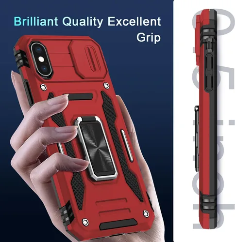 Vista 261 de DEERLAMN Funda para iPhone Xs Max con funda deslizante para cámara + protector de pantalla, soporte giratorio de anillo de grado militar a prueba