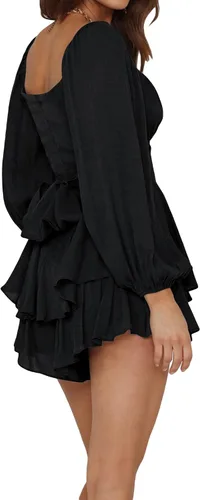 Vista 4 de Louatui Mameluco con volantes para mujer, con hombros descubiertos, manga abombada, con vuelo, vestido corto fruncido