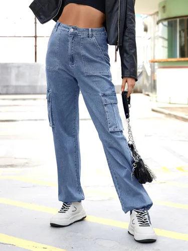 Vista 5 de ZMPSIISA Pantalones cargo de cintura alta para mujer, pantalones casuales de pierna ancha, 6 bolsillos, pantalones militares de combate
