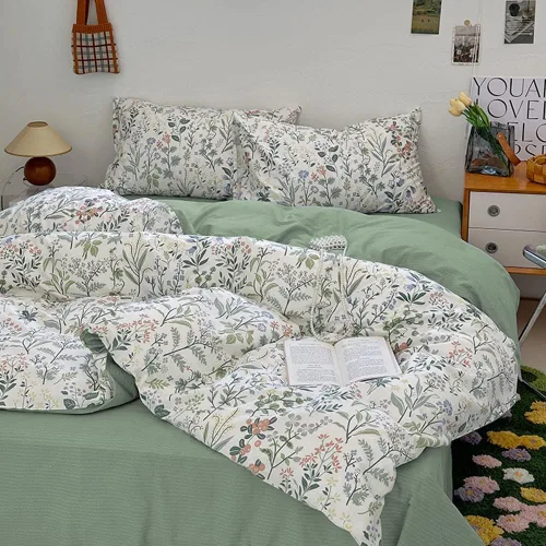 Vista 28 de EAVD Elegante funda de edredón floral pequeña, tamaño individual, suave, 100% algodón, con estampado floral pequeño, con 2 fundas de almohada