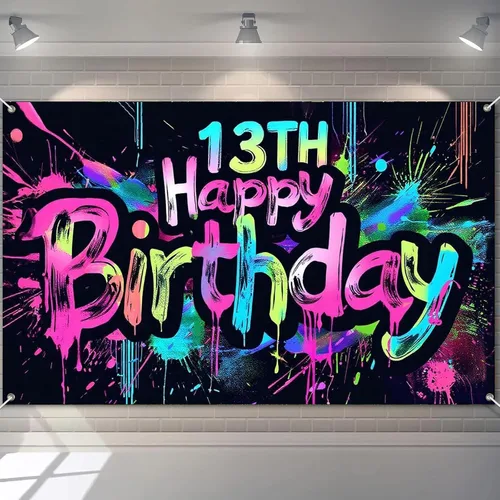Vista 12 de HOMETITUTE Pancarta de Neón de Feliz 10mo Cumpleaños 71 x 43 pulgadas, Salpicadura de Pintura que Brilla en la Oscuridad, Telón de Fondo